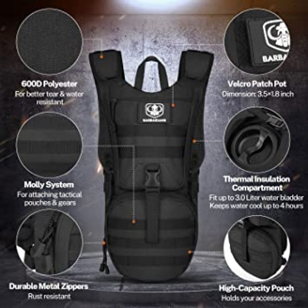 Barbarians Tactical Hydration Pack Water Backpack with 3L Bladder, 경량 군용 Molle Backpack