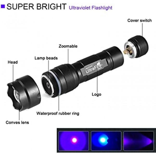 UltraFire Black Light UV 손전등, Super Power UV 395-405 nm LED WF-502B Blacklight 손전등 누출 감지기, 애완 동물 소변 얼룩, 빈대 (포함되지 않음)