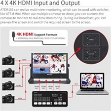 SEETEC ATEM156 ATEM Mini Video Switcher Mixer Pro Studio 텔레비전 프로덕션을 위한 4개의 HDMI 입력 출력 쿼드 분할 디스플레이가 있는 15.6인치 라이브 스트리밍 방송 감독 모니터