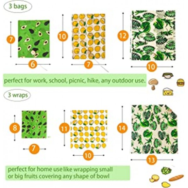 ANGMLN 밀랍 식품 랩 & 가방 6개 세트, 랩 포함 3팩 & 가방 3 팩 재사용 가능 지속 가능 내구성 친환경 유기농 식품 랩, 식품 보관을 위한 플라스틱 랩 대안