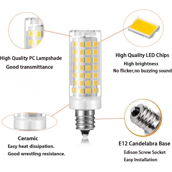 E12 LED 전구 밝기 조절이 가능한 7W C7 전구 E12 할로겐 전구 60W, 일광 백색 6000K T6 베이스 E12 촛대 천장 선풍기, 샹들리에, Kx-2000 전구 교체, AC 110-120V(6팩)