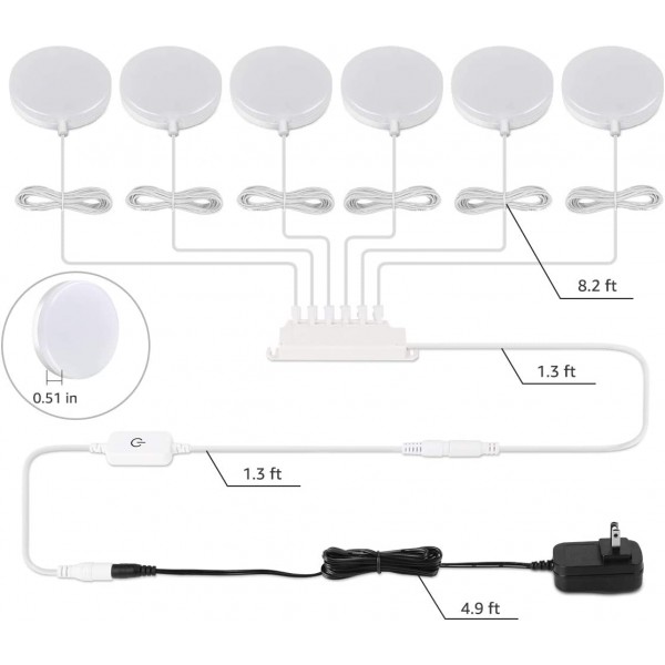 캐비닛 조명 기구 아래의 LE LED, 퍽 조명 키트, 1020루멘, 5000K 일광 백색, 야간 조명, 주방, 옷장, 계단 등에 적합, 모든 액세서리 포함, 6개 팩