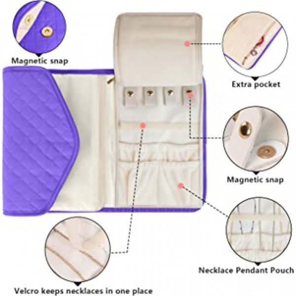 Teamoy 보석 여행 주최자, 목걸이, 귀걸이, 팔찌, 반지, 브로치 등을 위한 퀼트 보석 롤 보관 가방, 보라색