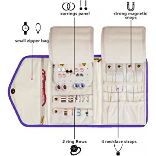 Teamoy 보석 여행 주최자, 목걸이, 귀걸이, 팔찌, 반지, 브로치 등을 위한 퀼트 보석 롤 보관 가방, 보라색