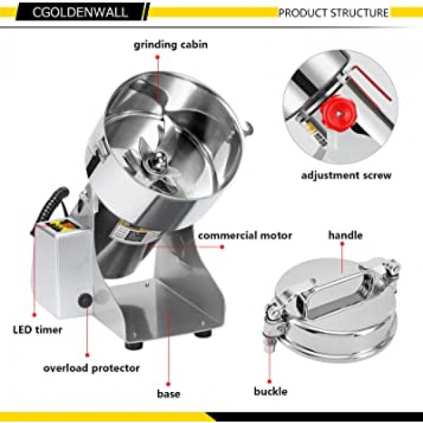 CGOLDENWALL LED 디스플레이 2500g 상업용 전기 곡물 분쇄기 밀 초 미세 분말 분쇄기 한약 향신료 허브 분쇄기 분쇄기 식품 등급 스테인레스 스틸 CE 승인