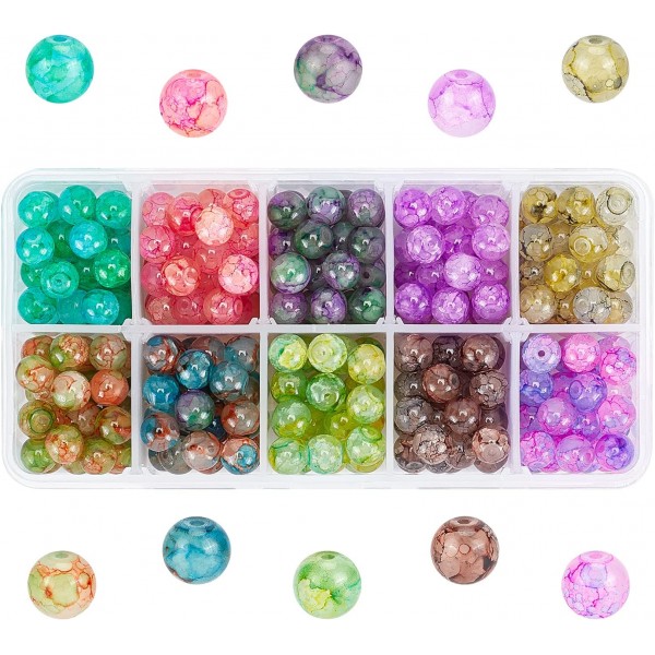 PH PandaHall 300pcs 10 색 8mm 베이킹 그린 딱딱한 유리 비즈 목걸이, 팔찌, 귀걸이 보석 만들기를위한 라운드 딱딱한 유리 느슨한 비즈