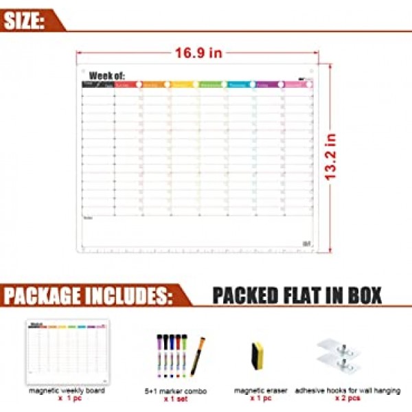 냉장고 또는 벽용 마그네틱 건식 지우기 달력 - 주간 화이트보드 플래너 시간표 일정 집안일 차트 할 일 목록 - 벽걸이용 접착 후크 포함, 미세 팁 마커 5개, 지우개 1개