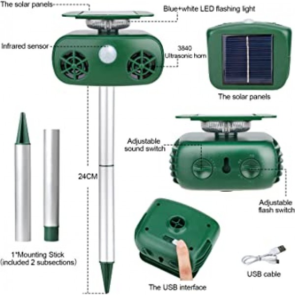 Heyouou 초음파 태양열 구동 동물 Repeller, 동물 억제 태양열 개 체이서, 해충 동물 구충제 방수 야외 동물 Repeller는 개, 고양이, 새를 위한 농장 정원 마당 구충제를 보호합니다.