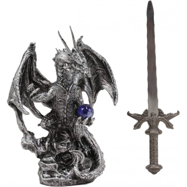 Ebros Gift Legendary Silver Dragon Carrying Magical Orb and Excalibur Sword Letter Opener 입상 조각 가정 및 사무실 장식 조각 중세 르네상스 던전 앤 드래곤 판타지