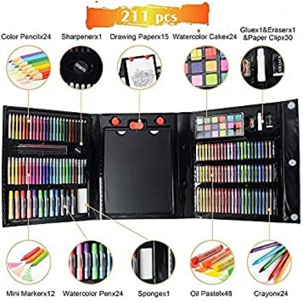 KIDDYCOLOR 211pcs 어린이 미술 용품, 휴대용 그림 및amp; 오일 파스텔, 크레용, 색연필, 마커, 양면 삼중 이젤 아트 세트가 있는 어린이를 위한 드로잉 아트 키트 소녀용 소년 십대 3-12