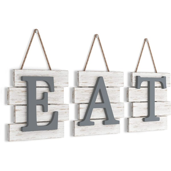 Barnyard Designs Eat Sign 주방 벽 장식, 소박한 농가 주방 장식 및 액세서리, 농장 소박한 주방 장식, 식당 회색 나무 장식 장식, 주방 벽 예술, 흰색/회색, 24x8\