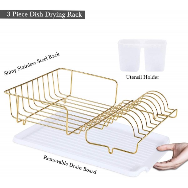 Buruis 식기 건조 랙, 골드 식기 드레이너 주최자에는 이동식 배수판 및 식기 홀더가 포함되어 있으며 주방용 대용량 식기 랙(흰색)