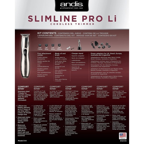 Andis 32400 Slimline Pro 리튬 이온 T-블레이드 트리머, 크롬