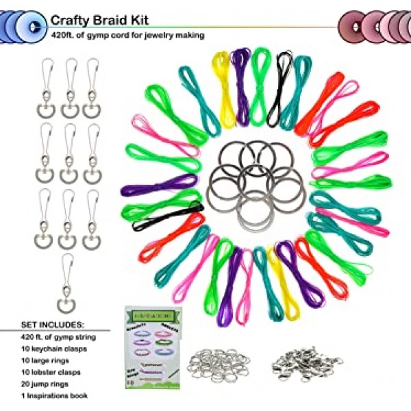 420 FT 김프 스트링 키트, DIY 플라스틱 끈 마스크 스트링, 팔찌 및 키체인 제작을 위한 분도글 마스크 랜야드, 공예 플라스틱 레이스, 우정 공예품, 열쇠 고리 20개와 ​​걸쇠 10개 포함