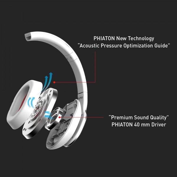 Phiaton 블루투스 무선 BT 460 Qualcomm 터치 인터페이스, 마이크가 있는 프리미엄 헤드폰, 스마트 재생 및 일시 중지, 흰색