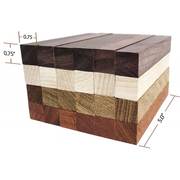 이국적인 나무 펜 블랭크 24팩: 블러드우드, 멕시칸 에보니, 자토바, 하드 메이플, 각 목재 유형 6개, 5 x 3/4 x 3/4인치