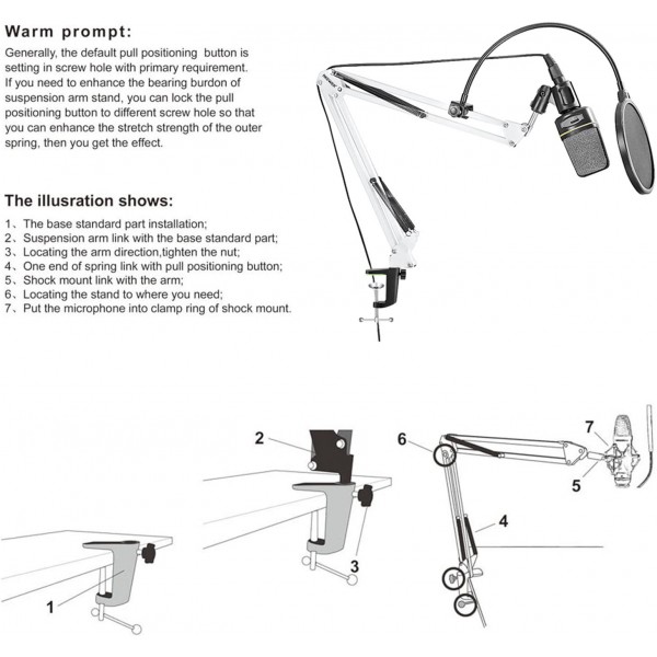 스튜디오 방송, 노래, 녹음(흰색)을 위한 마이크 홀더, 테이블 마운트 및 팝 필터가 있는 Neewer 데스크탑 마이크 서스펜션 암