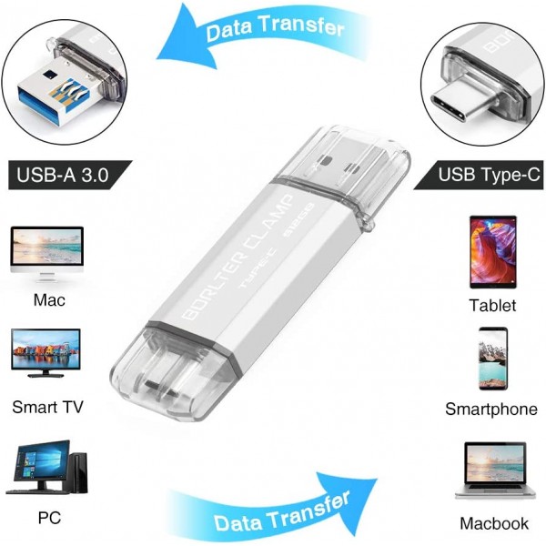 USB Type C 플래시 드라이브 512GB, BorlterClamp 듀얼 커넥터 메모리 스틱 USB A 및 C 3.0 Android 스마트폰용 OTG U 디스크 Samsung S10/S9, Huawei Honor 등, 태블릿 및 컴퓨터(실버) 512GB 실버