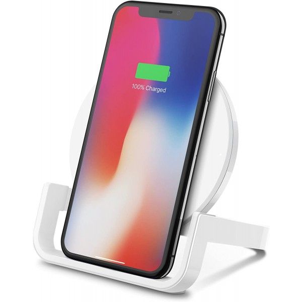 Belkin Boost Up 무선 충전 스탠드 10W, iPhone 11, 11 Pro/Pro Max, XS/XS Max, XR, X, Samsung Galaxy S10, S10+, S10e, Huawei P30/P30 Pro, UK 플러그용 고속 Qi 무선 충전기 포함 - 하얀색