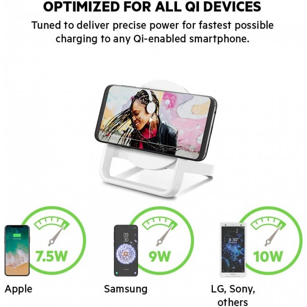 Belkin Boost Up 무선 충전 스탠드 10W, iPhone 11, 11 Pro/Pro Max, XS/XS Max, XR, X, Samsung Galaxy S10, S10+, S10e, Huawei P30/P30 Pro, UK 플러그용 고속 Qi 무선 충전기 포함 - 하얀색