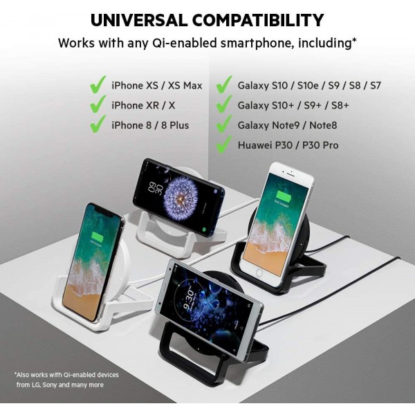 Belkin Boost Up 무선 충전 스탠드 10W, iPhone 11, 11 Pro/Pro Max, XS/XS Max, XR, X, Samsung Galaxy S10, S10+, S10e, Huawei P30/P30 Pro, UK 플러그용 고속 Qi 무선 충전기 포함 - 하얀색