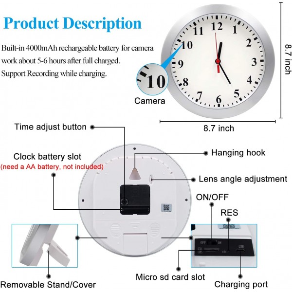 스파이 카메라 벽시계, 1080P WiFi 숨겨진 카메라 벽시계 모션 감지 알람 기능이 있는 유모 캠, 실내 은밀한 보안 카메라