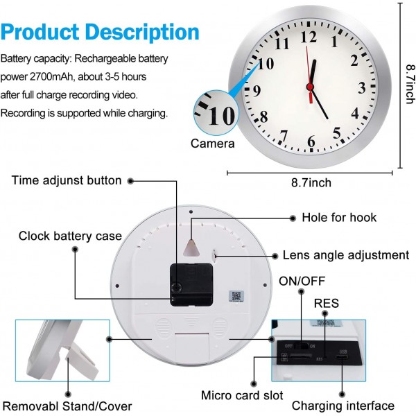 Monkaim HD 1080P WiFi 스파이 카메라 벽시계 모션 감지 기능이 있는 숨겨진 카메라, 가정 및 사무실 보안, Nanny Cam/애완 동물 캠/벽시계 캠, 원격 실시간 비디오, iOS/Android 지원