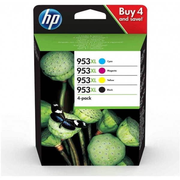 HP 3HZ52AE 953XL 대용량 정품 잉크 카트리지, 블랙/시안/마젠타/옐로우, 멀티팩 블랙/시안/마젠타/옐로우 4팩(대용량)