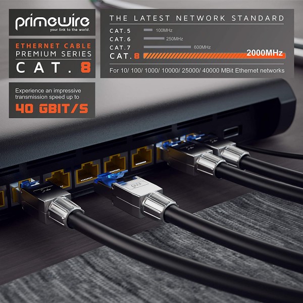 Primewire – 10m CAT 8 이더넷 케이블 – 8.1 표준 클래스 1 – Cat8 기가비트 LAN 네트워크 케이블 RJ45 – 40Gbit s – S FTP PIMF 차폐 - 고속 패치 케이블 – UTP – 스위치 라우터 모뎀 10.0m 검정색