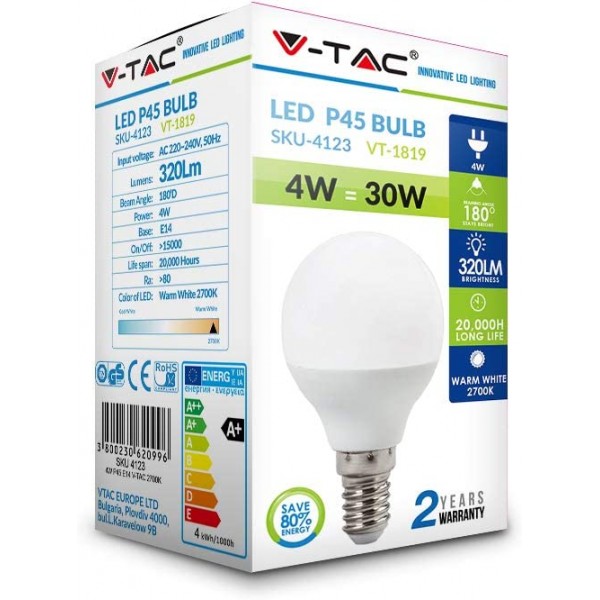 V-TAC 4W(30W 등가) 에너지 절약 P45 골프 전구 E14 SES(작은 에디슨 나사 캡) 4000K 데이 화이트 비조광 - 10팩