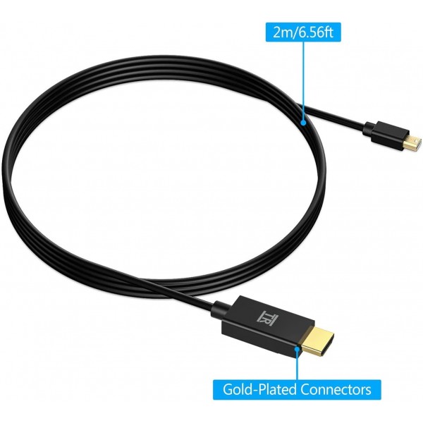 TechRise Mini DP-HDMI 케이블, 2M Mini DisplayPort-HDMI 어댑터 케이블(금도금 커넥터 포함)(Thunderbolt 포트 호환) - 남성-수