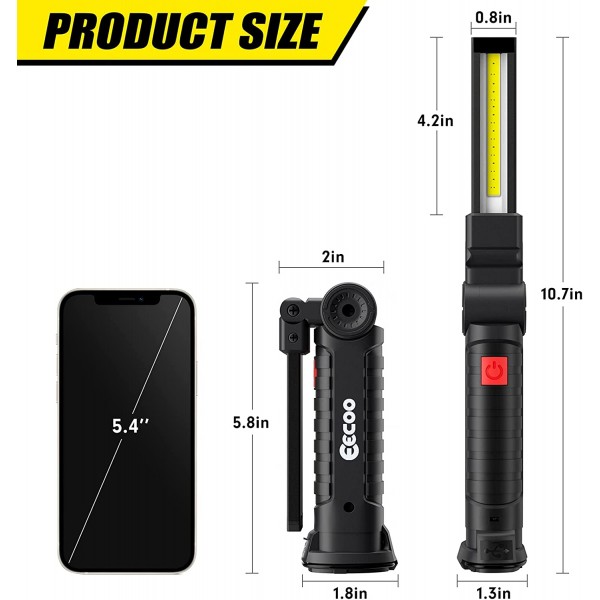 LED 검사 램프 5가지 조명 모드가 있는 충전식 COB 작업등, 마그네틱 토치 360° 회전식 휴대용 작업장 램프(후크 및 마그네틱 베이스 포함) 캠핑카 수리 비상 가정용(1 PCS)