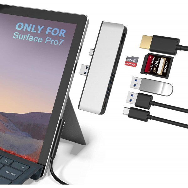 Surface Pro 7 USB C 허브, 6-in-2 알루미늄 Surface Pro 2019 어댑터 독(4K HDMI + USB C 오디오 및 데이터 전송 포트 포함) +2 USB 3.0+SD/TF 카드 리더기, Surface Pro 7용 변환기 콤보 어댑터 Surface Pro 7 바퀴통