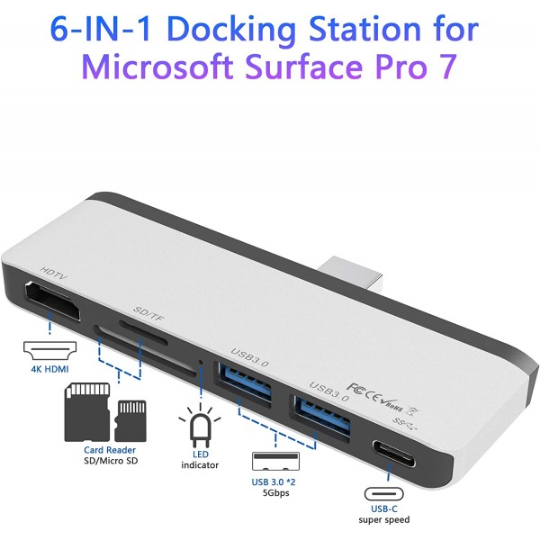 Surface Pro 7 USB C 허브, 6-in-2 알루미늄 Surface Pro 2019 어댑터 독(4K HDMI + USB C 오디오 및 데이터 전송 포트 포함) +2 USB 3.0+SD/TF 카드 리더기, Surface Pro 7용 변환기 콤보 어댑터 Surface Pro 7 바퀴통