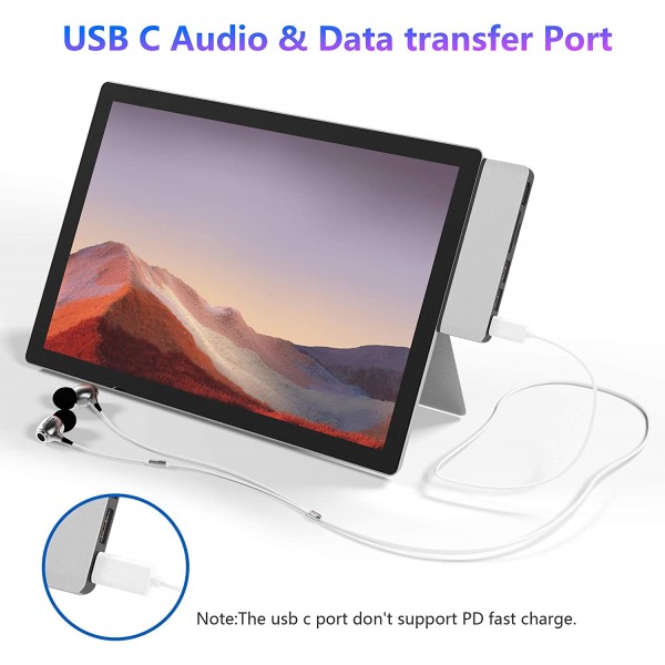 Surface Pro 7 USB C 허브, 6-in-2 알루미늄 Surface Pro 2019 어댑터 독(4K HDMI + USB C 오디오 및 데이터 전송 포트 포함) +2 USB 3.0+SD/TF 카드 리더기, Surface Pro 7용 변환기 콤보 어댑터 Surface Pro 7 바퀴통