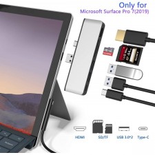 Surface Pro 7 USB C 허브, 6-in-2 알루미늄 Surface Pro 2019 어댑터 독(4K HDMI + USB C 오디오 및 데이터 전송 포트 포함) +2 USB 3.0+SD/TF 카드 리더기, Surface Pro 7용 변환기 콤보 어댑터 Surface Pro 7 바퀴통