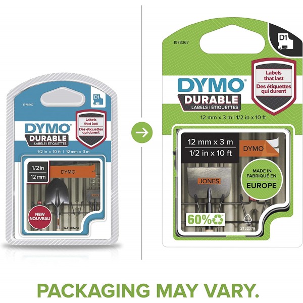 DYMO D1 헤비 듀티 라벨 | 12mm x 3m | 배경에 검은색 인쇄 | LabelManager 라벨 제작자를 위한 정품 라벨 스티커 주황색 1팩에 내구성 라벨 검정