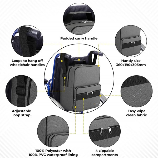 메디팩 디럭스 휠체어백 - 손잡이에 부착하여 유용하고 편리한 수납공간 제공 (회색 휠체어백)