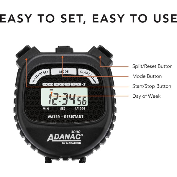마라톤 Adanac 3000 스포츠 디지털 스톱워치 타이머 | 대형 디스플레이 | 시간 및 달력 | 분할 모드 | 방수 | 코치를 위한 이상적인 스톱워치