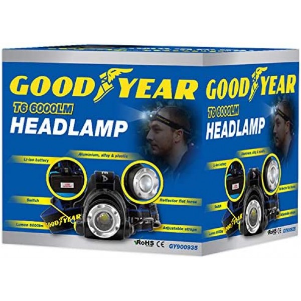 Goodyear 헤드 라이트 토치 램프 헤드 램프 LED 충전식 손전등 6000 루멘 멀티 줌 X2000 자동차 수리 캠핑 야간 조명지도 읽기