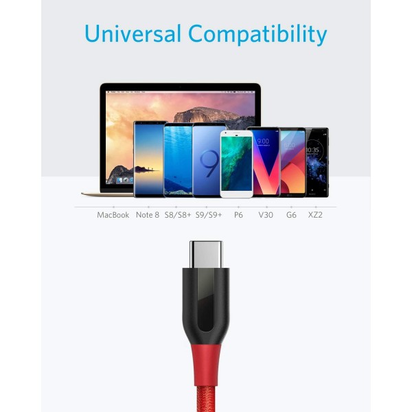 USB C 케이블, Anker Powerline+ USB-C to USB-A [10ft], 이중 편조 나일론 고속 충전 케이블, Samsung Galaxy S10/ S9/ S9+ / S8 / S8+ / Note 8, LG V20 / G5 / G6 등 (빨간색)