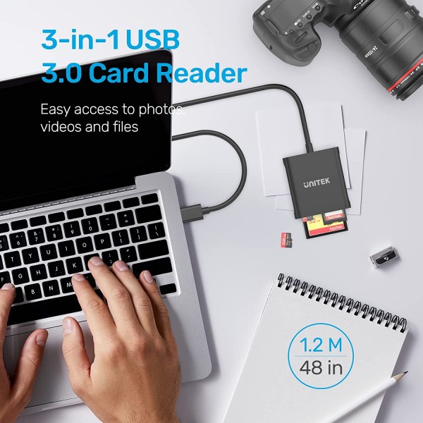 Unitek USB 카드 리더기 3슬롯 USB 3.0 컴팩트 플래시 카드 리더기, 3개의 카드를 동시에 읽기, 알루미늄 메모리 카드 어댑터 CF, TF, SDXC, SDHC, SD, Micro SDXC, Micro SD, Micro SDHC- 4FT(검정색)