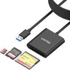 Unitek USB 카드 리더기 3슬롯 USB 3.0 컴팩트 플래시 카드 리더기, 3개의 카드를 동시에 읽기, 알루미늄 메모리 카드 어댑터 CF, TF, SDXC, SDHC, SD, Micro SDXC, Micro SD, Micro SDHC- 4FT(검정색)