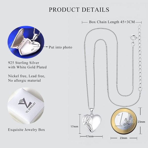 YL 천사 날개 하트 로켓 목걸이 사진 925 실버 로켓 사진 펜던트 여성용 엄마, 체인 45 + 3 cm