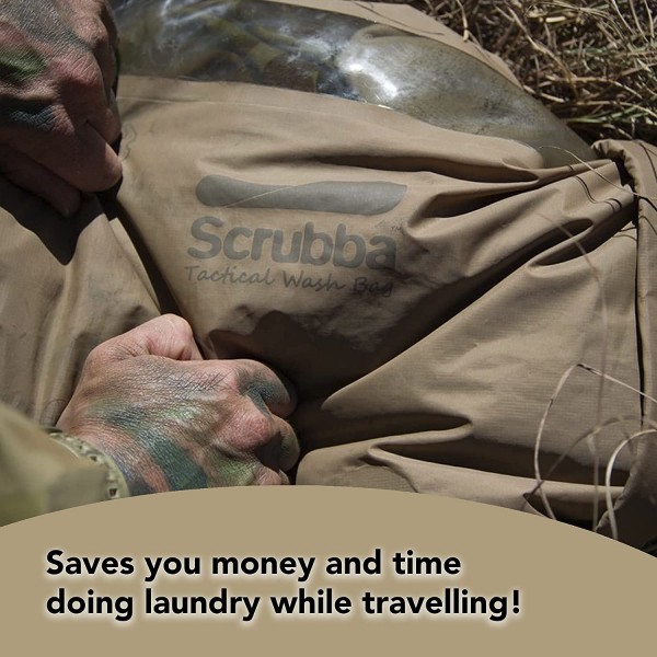 Scrubba Wash Bag 2.0 - 호텔 및 여행용 휴대용 세탁기 세탁 - 가볍고 작은 친환경 하이킹 및 캠핑 필수 전술 브라운 싱글