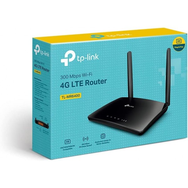TP-Link TL-MR6400 300Mbps 4G 모바일 Wi-Fi 라우터, SIM 슬롯 잠금 해제, 구성 필요 없음, 탈착식 외부 Wi-Fi 안테나, UK 플러그, Black Cat4 LTE|N300 WiFi